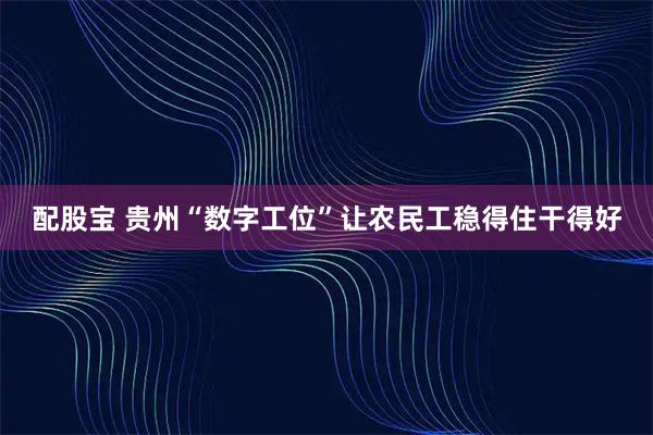 配股宝 贵州“数字工位”让农民工稳得住干得好